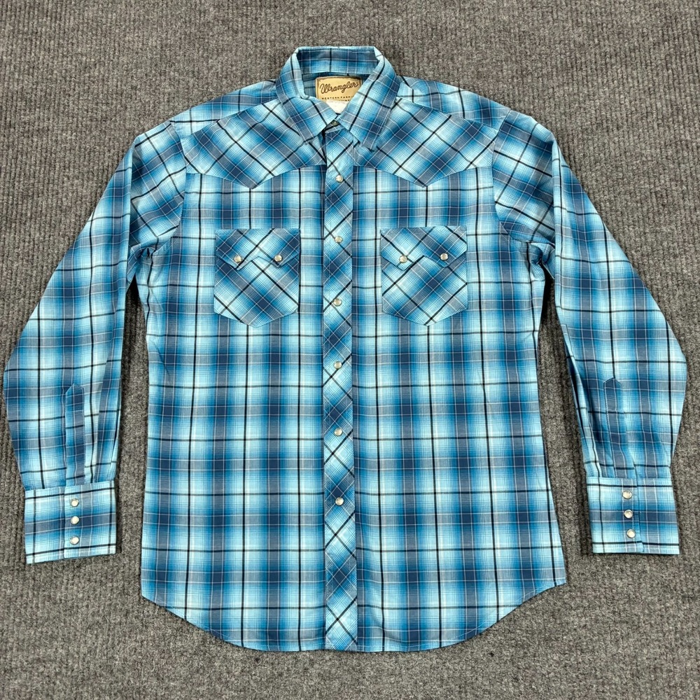 Wrangler Mens Size M Blue Plaid Western Pearl Snap Shirt Long Sleeve Cowboy